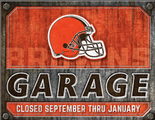 CLEVELAND BROWNS GARAGE 16" X 12.5" VINTAGE METAL SIGN WITH HOLES FOR EASY MOUNTING S/O*  THIS IS A SPECIAL-ORDER SIGN THAT NORMALLY TAKES 2 WEEKS TO SHIP.