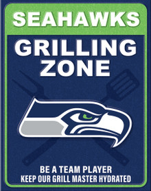 SEATTLE SEAHAWKS "GRILLING ZONE" VINTAGE 12.5" X 16" METAL SIGN S/O* WTIH HOLES FOR EASY MOUNTING...THIS IS A SPECIAL ORDER SIGN THAT NORMALLY TAKE ABOUT A WEEK TO SHIP.
