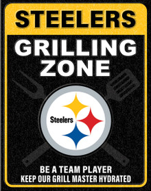 PITTSBURGH STEELERS "GRILLING ZONE" VINTAGE 12.5" X 16" METAL SIGN S/O* WTIH HOLES FOR EASY MOUNTING...THIS IS A SPECIAL ORDER SIGN THAT NORMALLY TAKE ABOUT A WEEK TO SHIP.