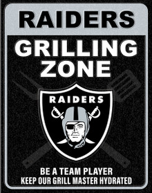 LAS VEGAS RAIDERS "GRILLING ZONE" VINTAGE 12.5" X 16" METAL SIGN S/O* WTIH HOLES FOR EASY MOUNTING...THIS IS A SPECIAL ORDER SIGN THAT NORMALLY TAKE ABOUT A WEEK TO SHIP.