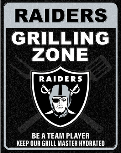 LAS VEGAS RAIDERS "GRILLING ZONE" VINTAGE 12.5" X 16" METAL SIGN S/O* WTIH HOLES FOR EASY MOUNTING...THIS IS A SPECIAL ORDER SIGN THAT NORMALLY TAKE ABOUT A WEEK TO SHIP.