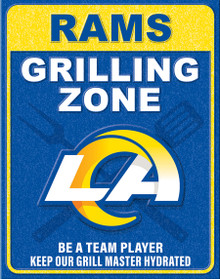 LOS ANGELES RAMS"GRILLING ZONE" VINTAGE 12.5" X 16" METAL SIGN S/O* WTIH HOLES FOR EASY MOUNTING...THIS IS A SPECIAL ORDER SIGN THAT NORMALLY TAKE ABOUT A WEEK TO SHIP.