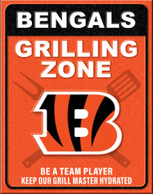 CINCINNATI BENGALS "GRILLING ZONE" VINTAGE 12.5" X 16" METAL SIGN S/O* WTIH HOLES FOR EASY MOUNTING...THIS IS A SPECIAL ORDER SIGN THAT NORMALLY TAKE ABOUT A WEEK TO SHIP.