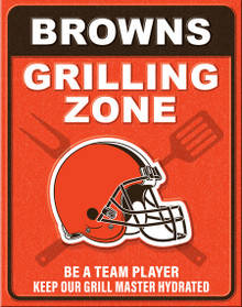 CLEVELAND BROWNS "GRILLING ZONE" VINTAGE 12.5" X 16" METAL SIGN S/O* WTIH HOLES FOR EASY MOUNTING...THIS IS A SPECIAL ORDER SIGN THAT NORMALLY TAKE ABOUT A WEEK TO SHIP.