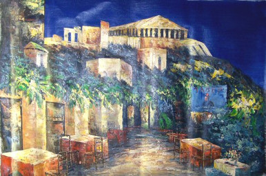 OUTSIDE CAFE WITH VIEW OF RUINS medium large OIL PAINTING