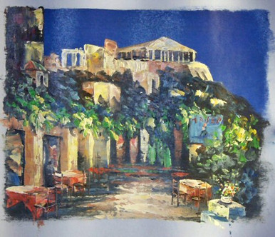 OUTSIDE CAFE WITH VIEW OF RUINS smallest OIL PAINTING