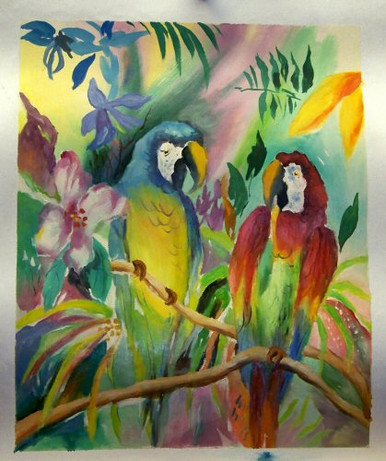 PARROTS IN JUNGLE smallest OIL PAINTING