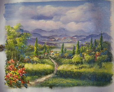 PATHWAY TO TOWN smallest OIL PAINTING