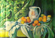 PITCHER ON TABLE WITH PLATES OF FRUIT OIL PAINTING