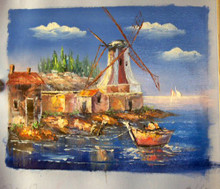 ROW BOAT BY WINDMILLS smallest OIL PAINTING