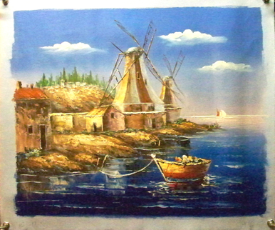 ROW BOATS BY WINDMILLS medium OIL PAINTING