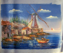 ROW BOATS BY WINDMILLS small OILPAINTING