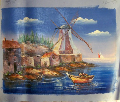 ROW BOATS BY WINDMILLS small OILPAINTING