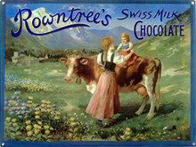 ROWNTREES SWISS CHOCOLATE VINTAGE ENAMEL SIGN
HAS A BEAUTIFUL ENAMEL FINISH ON HEAVY METAL WITH GREAT
COLORS AND ATTENTION TO DETAIL.