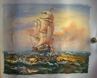 SAILING SHIP AT SUNSET small OIL PAINTING