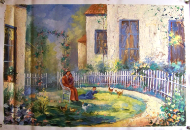 Photo of BACKYARD WITH CHICKENS  OIL PAINTING