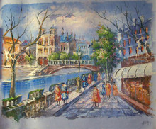 SHOPPERS BY CANAL WITH BRIDGE SMALL OIL PAINTING