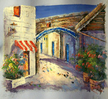 SIDE STREETS W/FLOWERS (RED & WHITE AWNING) smallest OIL PAINTING