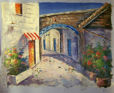 SIDE STREETS W/FLOWERS (RED & WHITE AWNING) small OIL PAINTING