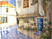 STREET SCENE HOUSE WITH BLUE DOOR large OIL PAINTING