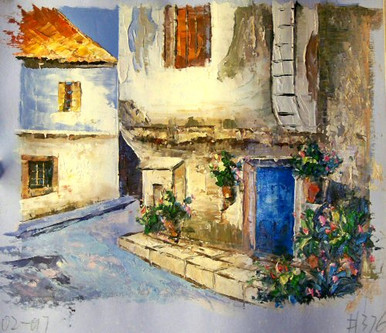 STREET SCENE HOUSE WITH BLUE DOOR smallest OIL PAINTING