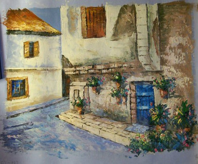 STREET SCENE HOUSE WITH BLUE DOOR small OIL PAINTING