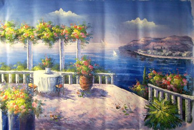 TABLE BY TRELLACE WITH VIEW OF SEA medium large OIL PAINTING