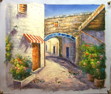 THE SIDE STREETS W/FLOWERS OIL PAINTING