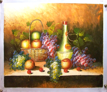 Photo of BASKET OF APPLES, WINE & GRAPES MED.  OIL PAINTING