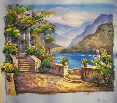 TRELLACE AND STAIRS TO SEA OIL PAINTING