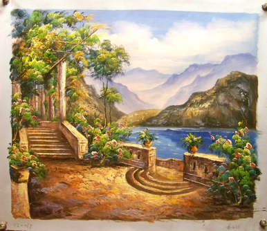 TRELLACE AND STAIRS TO WATER OIL PAINTING
