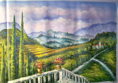 VIEW OF FIELDS FROM TERRACE medium large OIL PAINTING