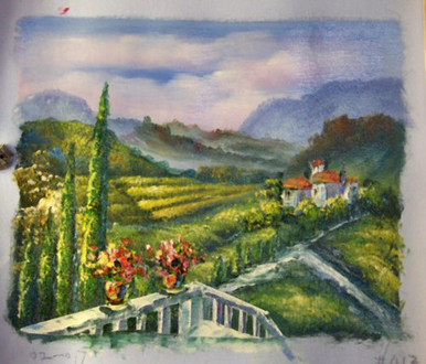 VIEW OF FIELDS FROM TERRACE smallest OIL PAINTING