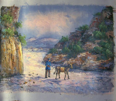 WALKING THE MULE small OIL PAINTING