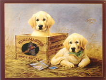 CUTE YELLOW LAB PUPS IN AND NEXT TO AN WINGMASTERS AMMO BOX MAKE THIS AN EXCELLENT SIGN FOR THE SPORTSMAN'S COLLECTION