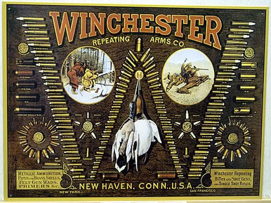 Photo of WIN. " W"  BULLET BOARD SHOWS ALL THE BULLETS WINCHESTER MADE AT THE TIME ON THIS "TIN" SIGN