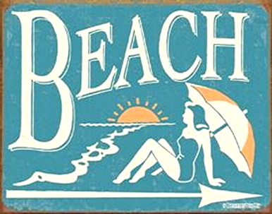 Photo of BEACH WITH ARROW POINTING TOWARDS BEACH, RETRO COLORS AND GRAPHICS ARE EXCELLENT