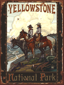 ENAMEL ON HEAVY METAL Sign Size: 12" w X 16" h, WITH HOLES IN EACH CORNER FOR EASY MOUNTING
THIS ENAMEL SIGN HAS RICH COLOR AND ATTENTION TO DETAIL AND WOULD BE A GREAT ADDITON FOR HORSE RIDERS OR YELLOWSTONE PARK COLLECTORS