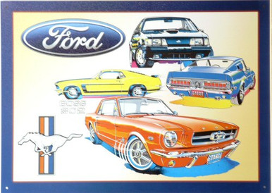 Sign Size: 17 3/8" w X 12 1/2" h  WITH PRE-DRILLED HOLES FOR EASY MOUNTING
FORD MUSTANG, COLLAGE, GREAT CARS, GREAT COLORS, SUPER GRAPHICS A MUST FOR ANY COLLECTION