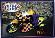 ?Sign Size: 16 3/4" w x 11 3/4" h  WITH PRE-DRILLED HOLES FOR EASY MOUNTING
THIS NHRA METAL SIGN HAS SUPER COLOR AND GRAPHICS, GREAT FOR ANY NHRA FAN'S COLLECTION