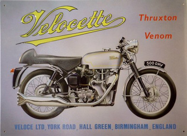 METAL Sign Size: 16 1/4" w X 12 1/2" h  WITH PRE-DRILLED HOLES FOR EASY MOUNTING
THIS  VELOCHETE MOTORCYCLE SIGN HAS GREAT GRAPHICS AND COLORS
Photo of VELOCHETTE