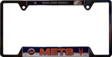 METAL LICENSE PLATE FRAME 12 1/4" W X 6 1/4" H X 1/4" D  WITH PRE-DRILLED HOLES FOR EASY MOUNTING 
A GREAT ADDITION TO ANY NEW YORK METS BASEBALL FAN'S COLLECTION, SUPER COLORS AND GRAPHICS