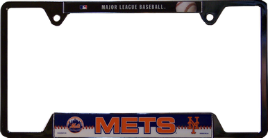 METAL LICENSE PLATE FRAME 12 1/4" W X 6 1/4" H X 1/4" D  WITH PRE-DRILLED HOLES FOR EASY MOUNTING 
A GREAT ADDITION TO ANY NEW YORK METS BASEBALL FAN'S COLLECTION, SUPER COLORS AND GRAPHICS