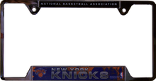 METAL LICENSE PLATE FRAME 12 1/4" W X 6 1/4" H X 1/4" D  WITH PRE-DRILLED HOLES FOR EASY MOUNTING 
A GREAT ADDITION TO ANY NEW YORK KNICKS FAN'S COLLECTION, SUPER COLORS AND GRAPHICS
