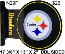 READY TO HANG ON WALL, LOGO VIEWABLE FROM BOTH SIDED,  13 1/2" H X 17 1/2" L   (FLANGE MEASURES 13 1/2" X 2") with holes for easy mounting 

A SUPER ADDITION FOR ANY AVID PITTSBURGH STEELERS FOOTBAL FAN'S COLLECTION, GREAT COLORS AND GRAPHICS