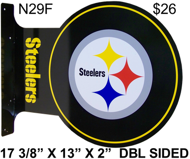 READY TO HANG ON WALL, LOGO VIEWABLE FROM BOTH SIDED,  13 1/2" H X 17 1/2" L   (FLANGE MEASURES 13 1/2" X 2") with holes for easy mounting 

A SUPER ADDITION FOR ANY AVID PITTSBURGH STEELERS FOOTBAL FAN'S COLLECTION, GREAT COLORS AND GRAPHICS