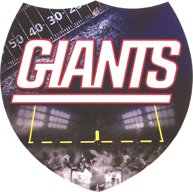 SMALL PLASTIC DIE CUT INTERSTATE SHAPE FOOTBALL SIGN,  APOX 8" X 8"  with holes for easy mounting

A SUPER ADDITION TO ANY NEW YORK GIANTS FOOTBALL FAN'S COLLECTION, GREAT GRAPHICS AND COLOR