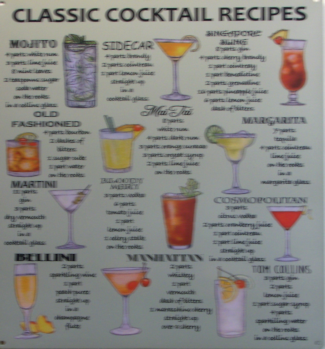 SIGN MEASURES 12" W X 16" H & HAS HOLES IN EACH CORNER FOR EASY MOUNTING
RICH COLORS AND GRAPHICS TELLS THE BARTENDER EXACTLY HOW TO MAKE
SEVERAL DIFFERENT CLASSIC MIXED DRINKS GREAT FOR ANY BAR OR REC ROOM