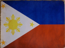 ENAMEL SIGN MEASURES 16" W X 12" H ON HEAVY METAL
HOLES IN EACH CORNER MAKE IT EASY TO MOUNT
MUTED COLORS MAKE THIS PHILIPPINE FLAG LOOK OLD