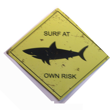 ENAMEL SIGN MEASURES 16" W X 12" H ON HEAVY METAL

HOLES IN EACH CORNER MAKE IT EASY TO MOUNT
MUTED COLORS MAKE THIS SHARK WARNING SIGN LOOK OLD
GREAT FOR ANY SURFERS WALL OR AT THE BEACH HOUSE